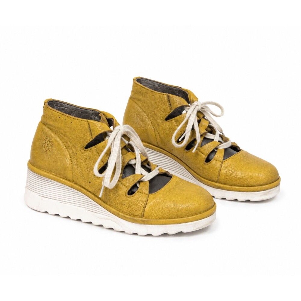 FLY London Mustard Yellow Leather Wedge Shoes Women 36 Lace Up Platform Funky